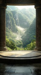 View through ornate stone columns of a misty, sunlit mountain valley covered in dense green forest. A circular platform is in the foreground.