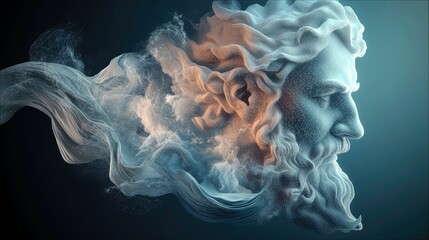A profile view of a classical Greek statue head, appearing to dissolve into ethereal smoke and light. The sculpture is rendered with intricate wireframe detail,