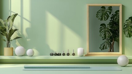 Minimalist green yoga space with plants, yoga mat, dumbbells, decorative white spheres, and a large mirror reflecting a green potted plant, bathed in soft natural light