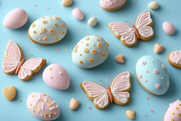 Fototapeta premium Decorated pastel Easter egg and butterfly shaped cookies with icing on a light blue background conveying a festive and cheerful mood