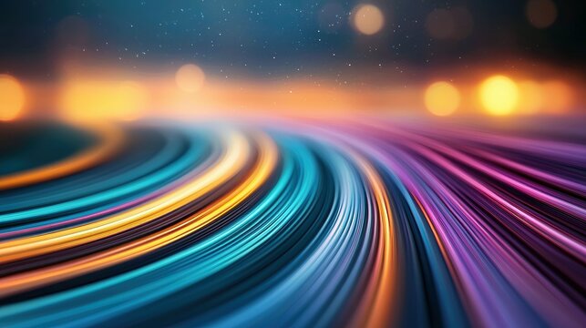 Abstract light trails in vibrant blue, purple, and orange hues curve through a dark, atmospheric background with soft bokeh lights and subtle starry effects.