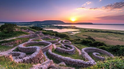 Ancient stone ruins with winding walls are situated on a grassy hillside, overlooking a calm bay and distant hills under a vibrant sunset sky.