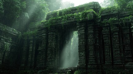 An ancient stone temple with intricate carvings, overgrown with lush green vegetation, stands within a dense jungle during a heavy rain shower, with sunbeams pi