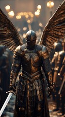 A central figure, presented as an angelic knight, stands stoically. The knight wears elaborate, golden armor with chainmail accents and large, feathered wings s