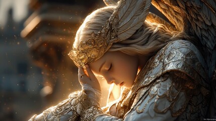 A young adult woman with blonde hair, wearing ornate golden armor and large feathered wings, bows her head in prayer. Sunlight illuminates her face and the spar