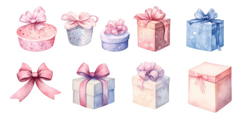 A collection of beautifully wrapped gift boxes in various pastel colors. adorned with elegant bows. set against a soft. neutral background. perfect for celebrations and special occasions