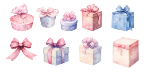 A collection of beautifully wrapped gift boxes in various pastel colors. adorned with elegant bows. set against a soft. neutral background. perfect for celebrations and special occasions