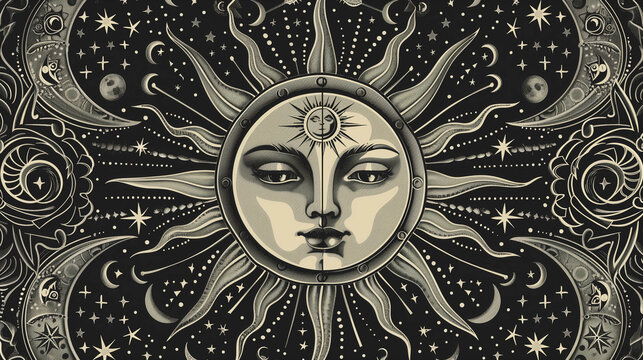 Vintage celestial illustration of sun and moon face with ornate cosmic background