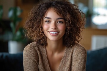 young woman with curly hair smiling warmly in casual brown sweater indoors with blurred background