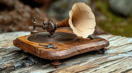 A detailed close-up of an antique wooden gramophone with a brass horn, resting on a textured wooden surface. The background is softly blurred with natural green