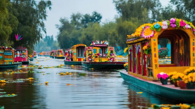 Brightly decorated boats float on vibrant, flower-filled canal