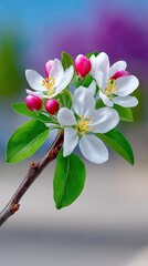 A close-up shot of delicate white apple blossoms and vibrant pink buds on a brown branch, set against a softly blurred background of blues, greens, and purples.