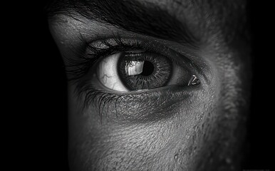Close-up black and white image of a human eye with detailed textures of skin and eyelashes, showing intense focused gaze and visible eye reflections
