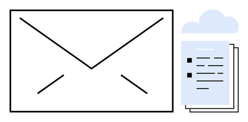 Envelope alongside stack of documents and cloud icon representing digital message sending, data sharing, and secure storage. Ideal for communication, technology, workflow, storage, networking