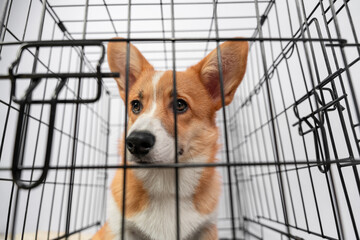 Curious corgi in a crate for pet travel or home safety