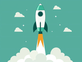 Rocket Launching into the Sky with Clouds and Stars Background