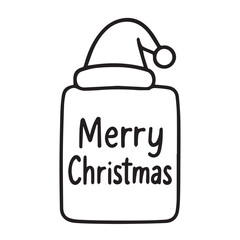 Monochrome vector graphic featuring Merry Christmas message in a present box topped with a Christmas knit cap, clean simple black and white line art for festive seasonal greeting card design