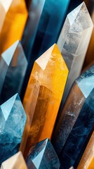 A close-up, macro view of a collection of pointed quartz crystals in various shades of blue, yellow, and clear, with a shallow depth of field.