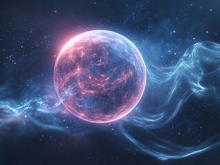 Obraz premium Abstract Glowing Pink and Blue Planet Surrounded by Space Particles and Light Waves