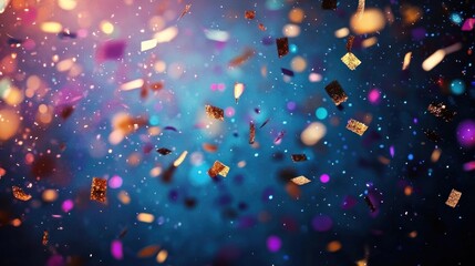 Colorful confetti falling against a dark blue background with bright bokeh lights creating a festive and joyful atmosphere