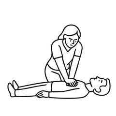 Black and white vector art showing a woman giving CPR life saving assistance to an unconscious man, straightforward minimalist illustration of emergency medical procedure with simple lines