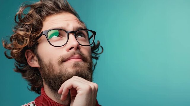 Curly-haired man with glasses looking thoughtful against teal background