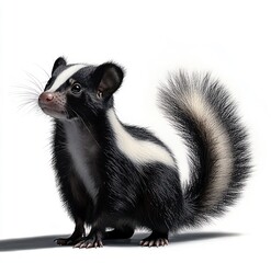 Obraz premium Close-up of a small black and white striped mammal resembling a skunk, showing its fluffy tail and curious expression on a white background