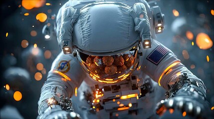 An astronaut in a white space suit is shown from the chest up, with a clear helmet revealing meatballs inside. The background is dark with glowing orange and wh
