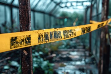 rusty metal frame inside abandoned greenhouse with yellow caution tape stretched across the foreground creating a sense of restriction and neglect