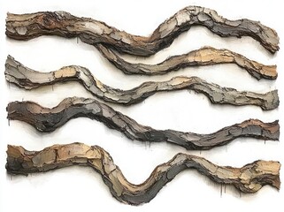 Abstract relief sculpture featuring four large, wavy, textured strips resembling tree bark mounted horizontally on a white background
