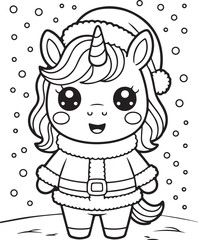 Cartoon unicorn outline in Santa suit stands amidst falling snow against a white background