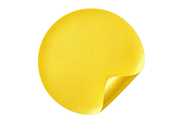 Yellow circular sticker with curled corner on black background circle label, Isolated On Transparent Background, Png