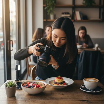 young woman content creator photographing food at a restaurant, food blogger, food critic or influencer concept