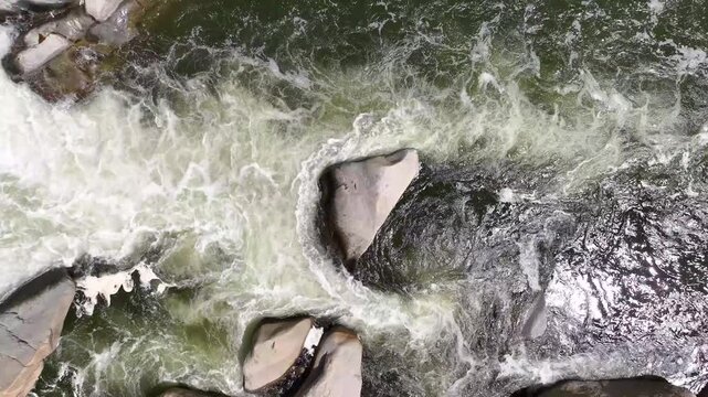 Aerial Kern River Rapids and Boulders Stationary Top Down Water Motion