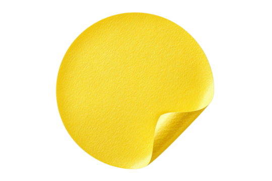 Yellow circular sticker with curled corner on black background circle label, Isolated On Transparent Background, Png