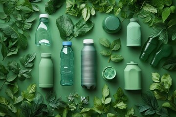 Arrangement of green plastic bottles and containers surrounded by various green leaves on a green background, evoking freshness and nature