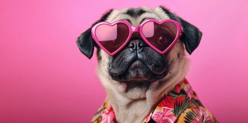 cute pug wearing heart-shaped sunglasses and colorful floral shirt posing against a bright pink background