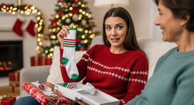 Gift Exchange Moment: Two women share a candid moment on Christmas day. One appears surprised as she opens a gift of socks and glances at her companion.