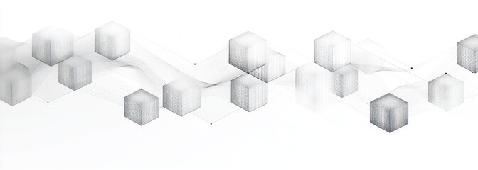 Abstract digital representation of blockchain technology featuring translucent cubic blocks connected by flowing, wavy lines on a white background, evoking a sense of innovation and connectivity