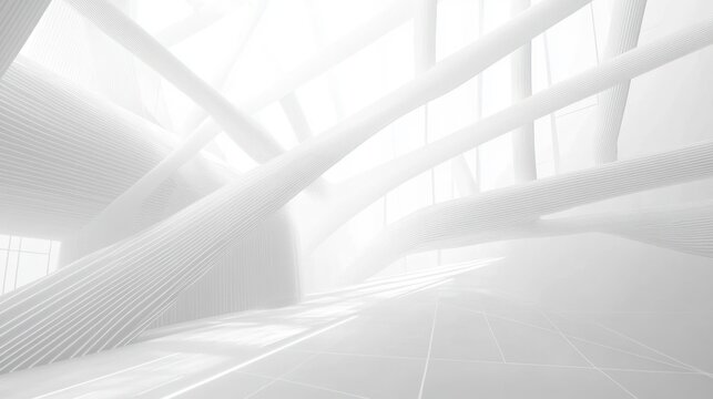 bright futuristic interior with large curving structural beams and soft natural light filtering through translucent walls creating a serene and spacious atmosphere