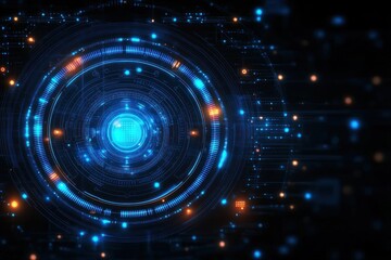 Futuristic glowing circular digital interface with blue and orange lights on a dark background representing advanced technology and data processing
