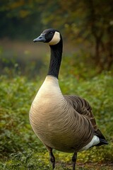Obraz premium Close-up of a standing Canada goose with detailed feathers and natural green foliage background