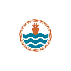 Nautical Ship Emblem with Steering Wheel and Rope Border