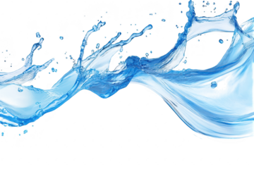 A dynamic splash of clear blue water gracefully arcs and flows. capturing the essence of movement and fluidity against a stark white background. ideal for use in advertisements or design projects