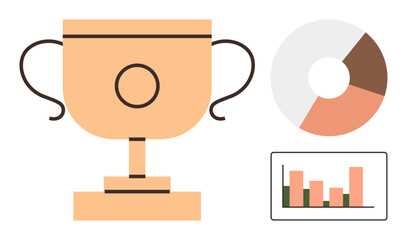 Golden trophy alongside pie chart and bar graph representing success, competition, performance, and achievement metrics. Ideal for business, education, goals, leadership, rewards analysis simple