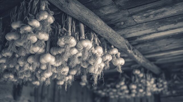 Garlicky ceiling Hanging garlic bulbs in rustic kitchen, aged, grayscale image