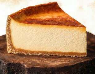 slice of creamy cheesecake with a golden brown top layer sitting on a wooden surface, showcasing smooth texture and crumbly crust