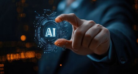 Close-up of a person in business attire interacting with a glowing digital hologram displaying the letters AI surrounded by futuristic circular data patterns