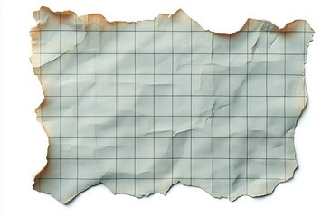 torn and burnt piece of graph paper with visible grid lines and wrinkles on a white background
