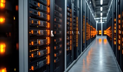 Interior view of a modern data center hallway filled with rows of server racks glowing with orange indicator lights under bright ceiling lights